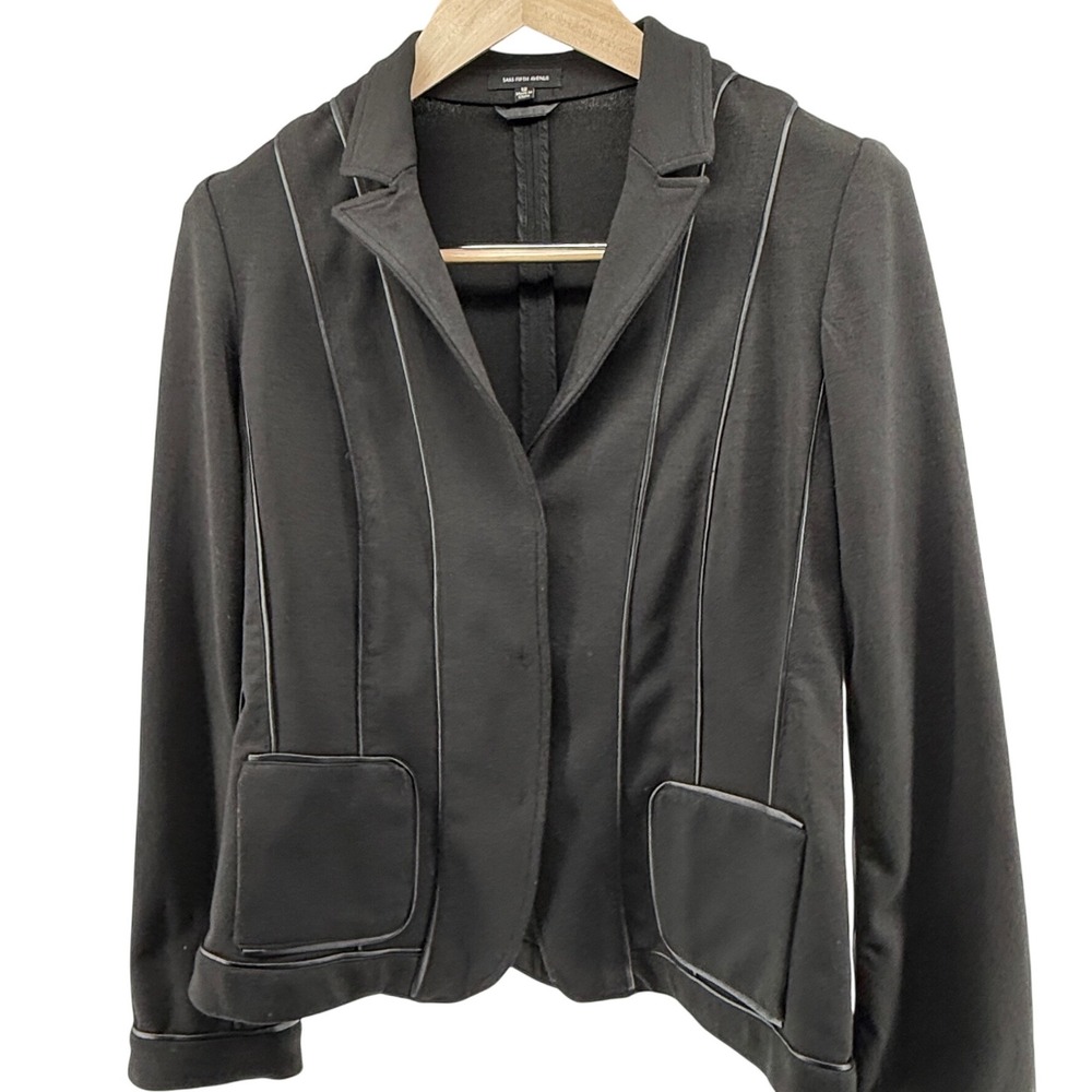 Saks Fifth Avenue Black Blazer‎ Jacket Faux Leather Trim Pockets Size 12